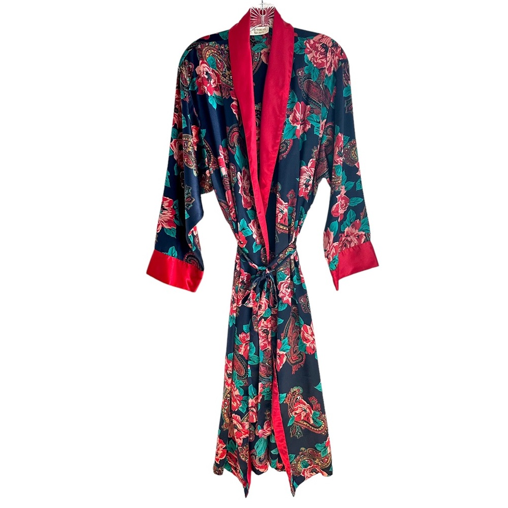 Victoria’s Secret Black Green Red Floral Paisley Print Robe Made in Hong Kong